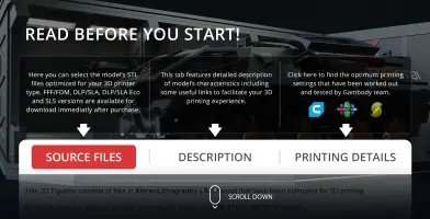 Interface with options for STL file selection, model description, and 3D printing details from Gambody.
