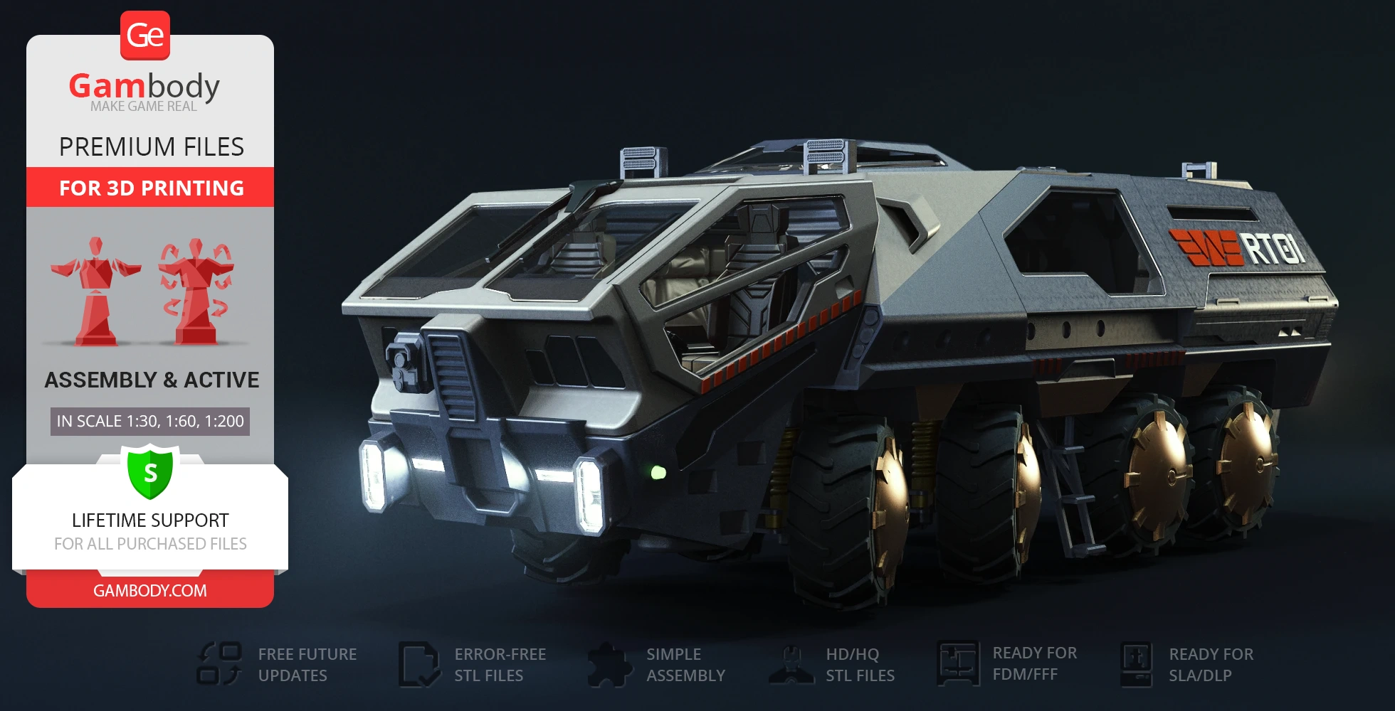 Futuristic armored transport vehicle 3D model for printing, shown with detailed exterior and large wheels.