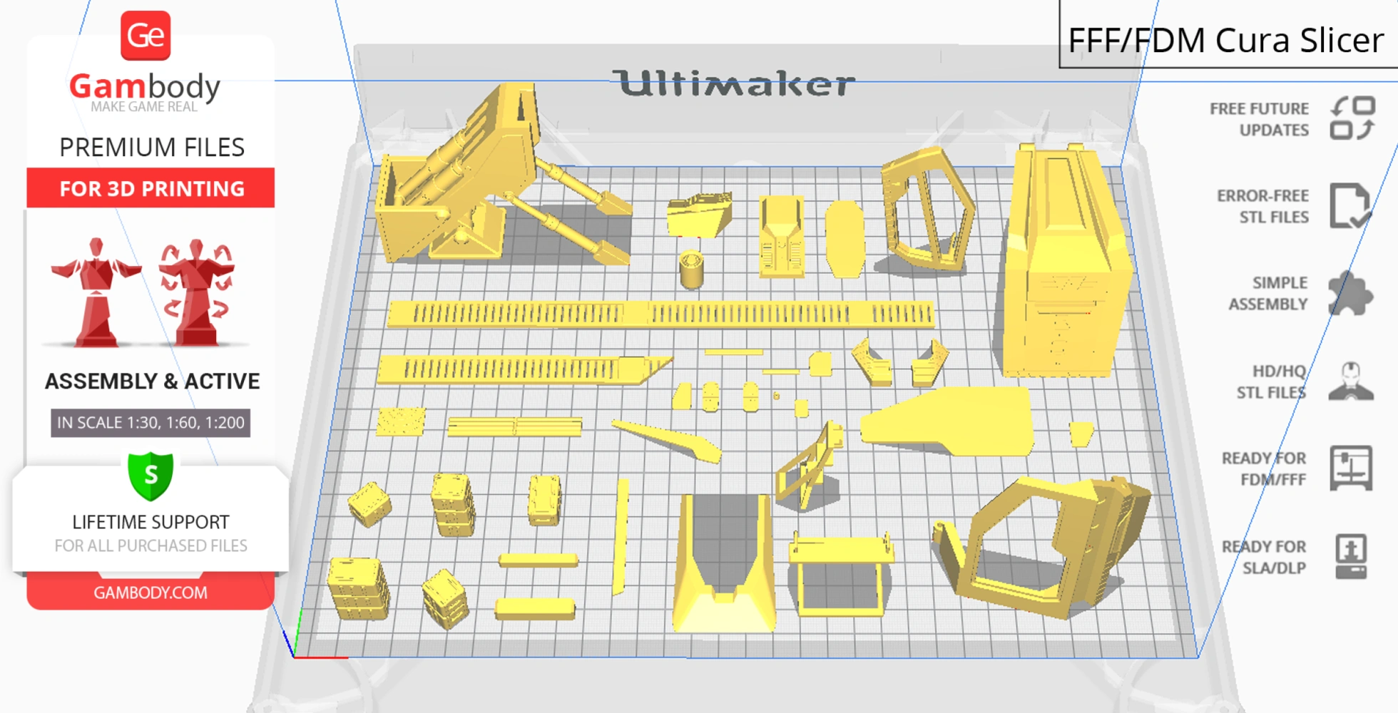 Yellow 3D model parts for RT01 Transport on a Cura slicer grid, prepared for printing.