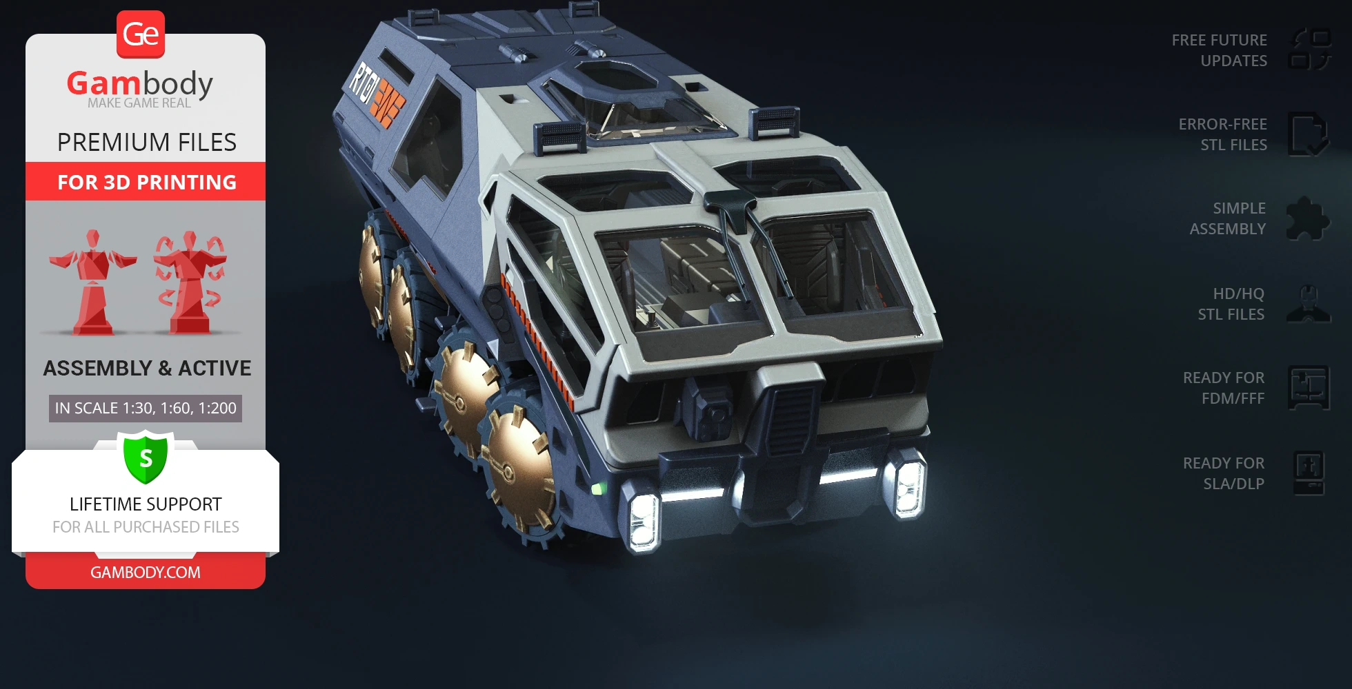 Futuristic armored transport vehicle with angular design and gold wheels, ready for 3D printing.