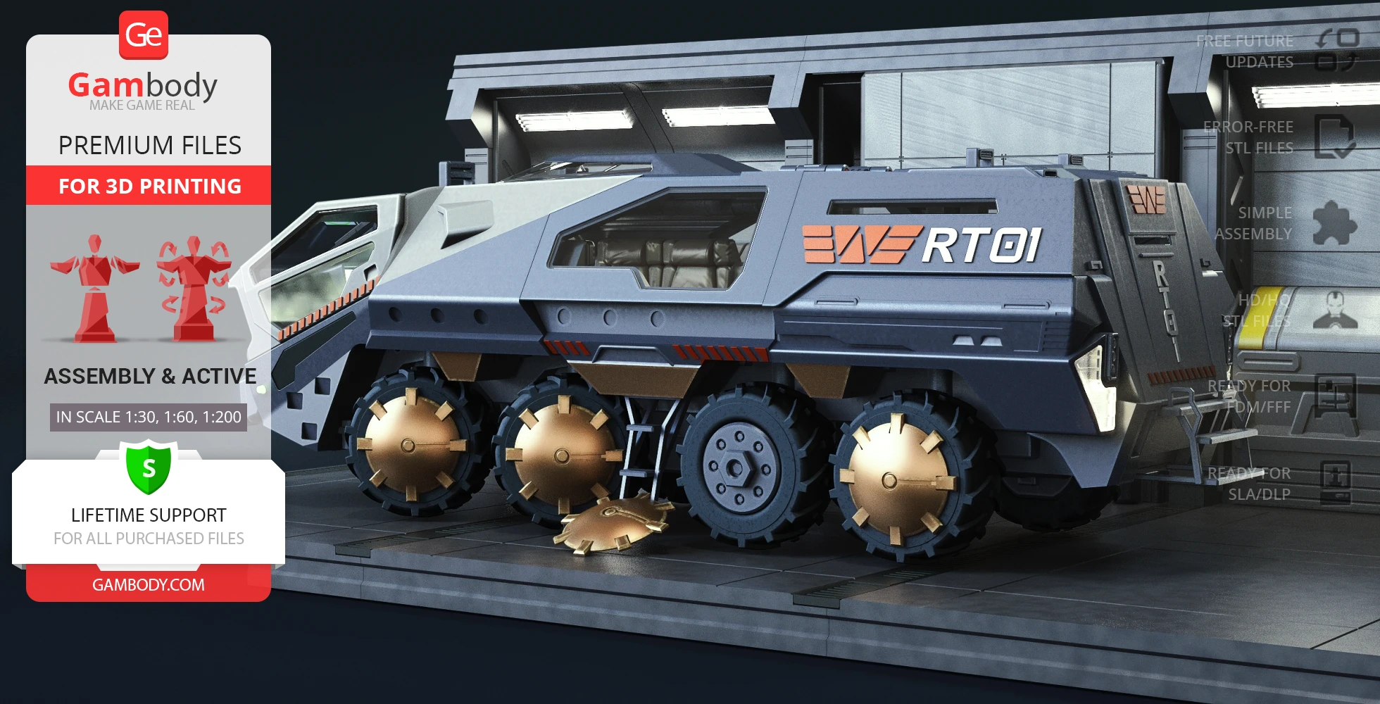 Futuristic armored transport vehicle model with six rugged wheels for 3D printing, labeled RT01.