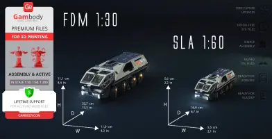 Two detailed RT01 transport vehicle 3D models, with dimensions for FDM 1:30 and SLA 1:60 scales.