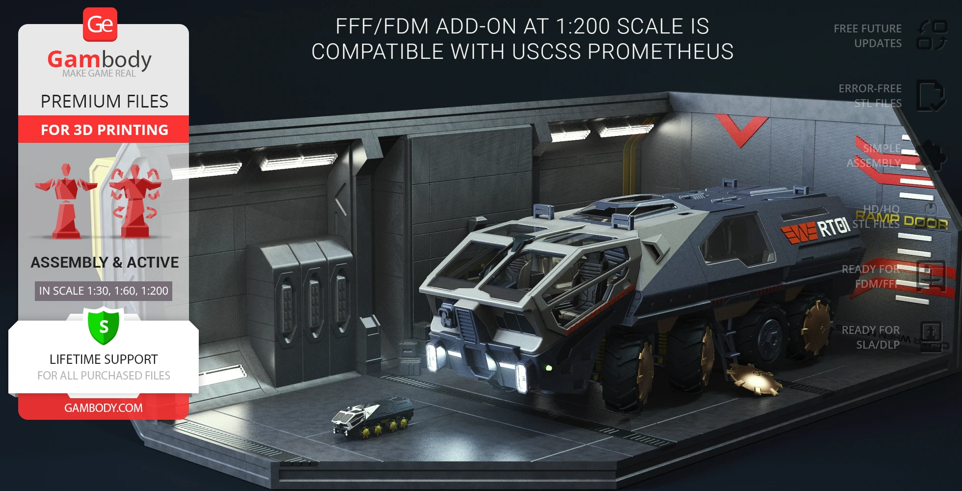 Futuristic armored transport vehicle in a hangar, with detailed wheels and angular design, ready for 3D printing.