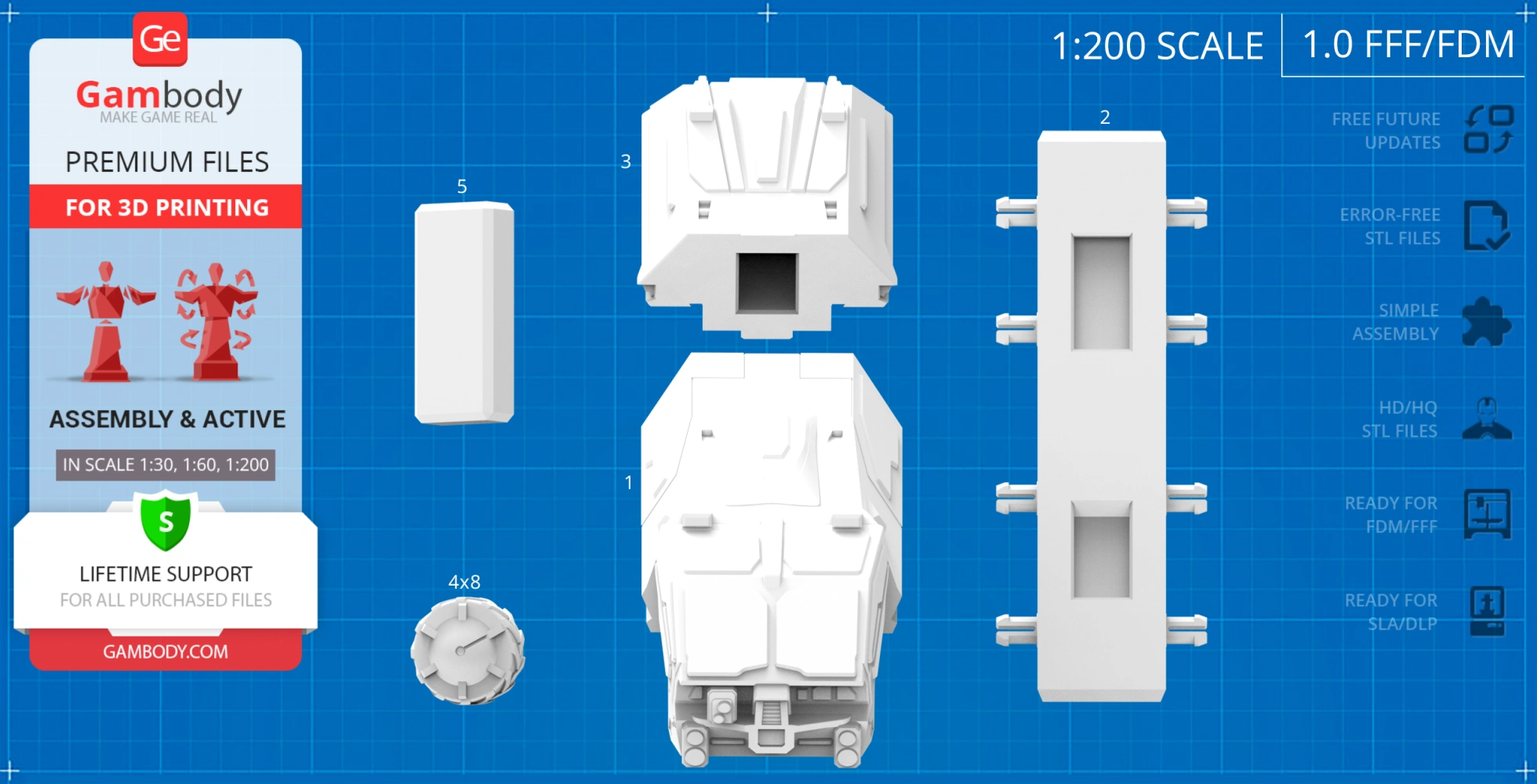 3D model kit for RT01 Transport, showing individual parts on a blueprint-style background.