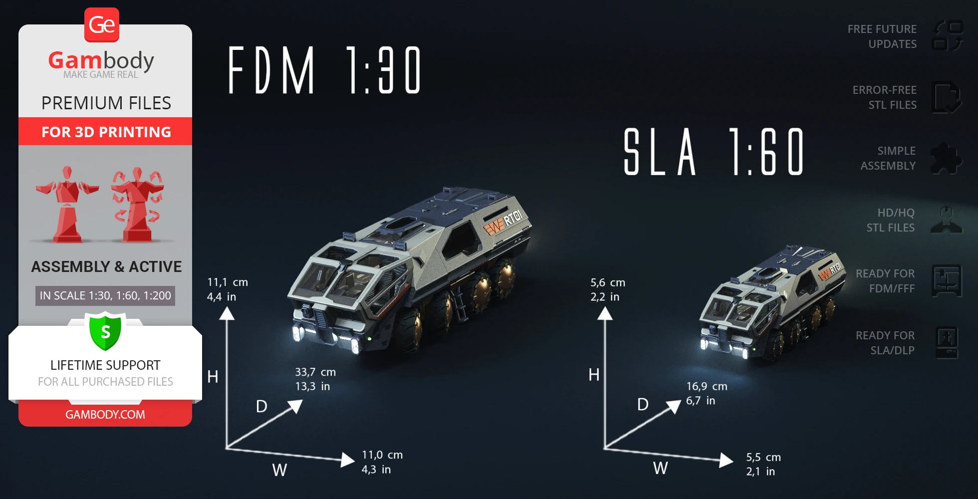 Two detailed RT01 transport vehicle 3D models, with dimensions for FDM 1:30 and SLA 1:60 scales.