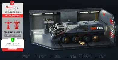 Futuristic armored transport vehicle model in a sci-fi garage setting, ready for 3D printing.