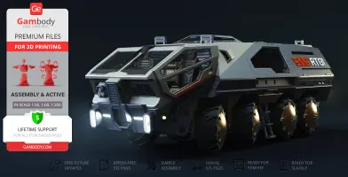 Futuristic armored transport vehicle 3D model for printing, shown with detailed exterior and large wheels.