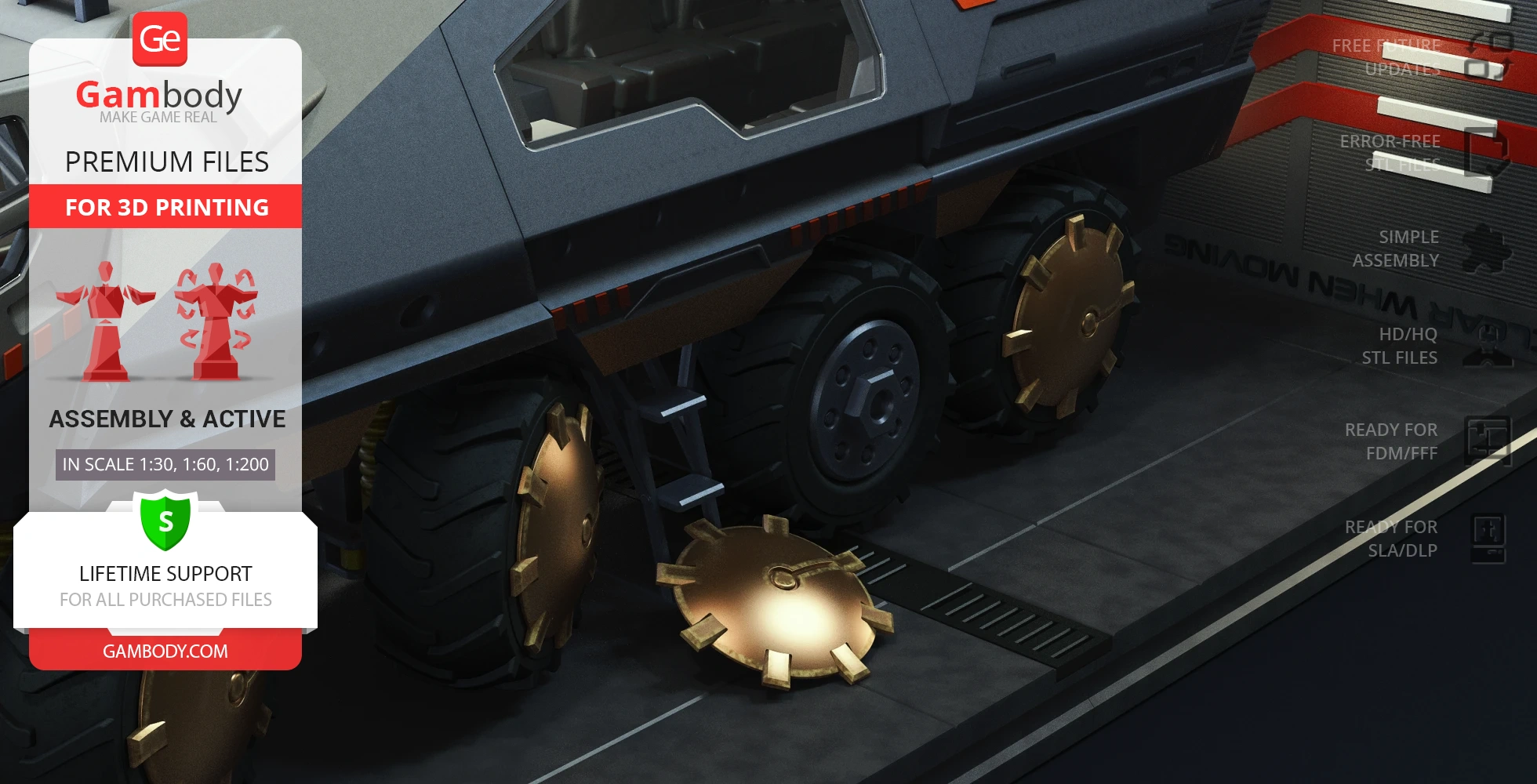 Futuristic armored vehicle with large wheels and detachable components, designed for 3D printing.