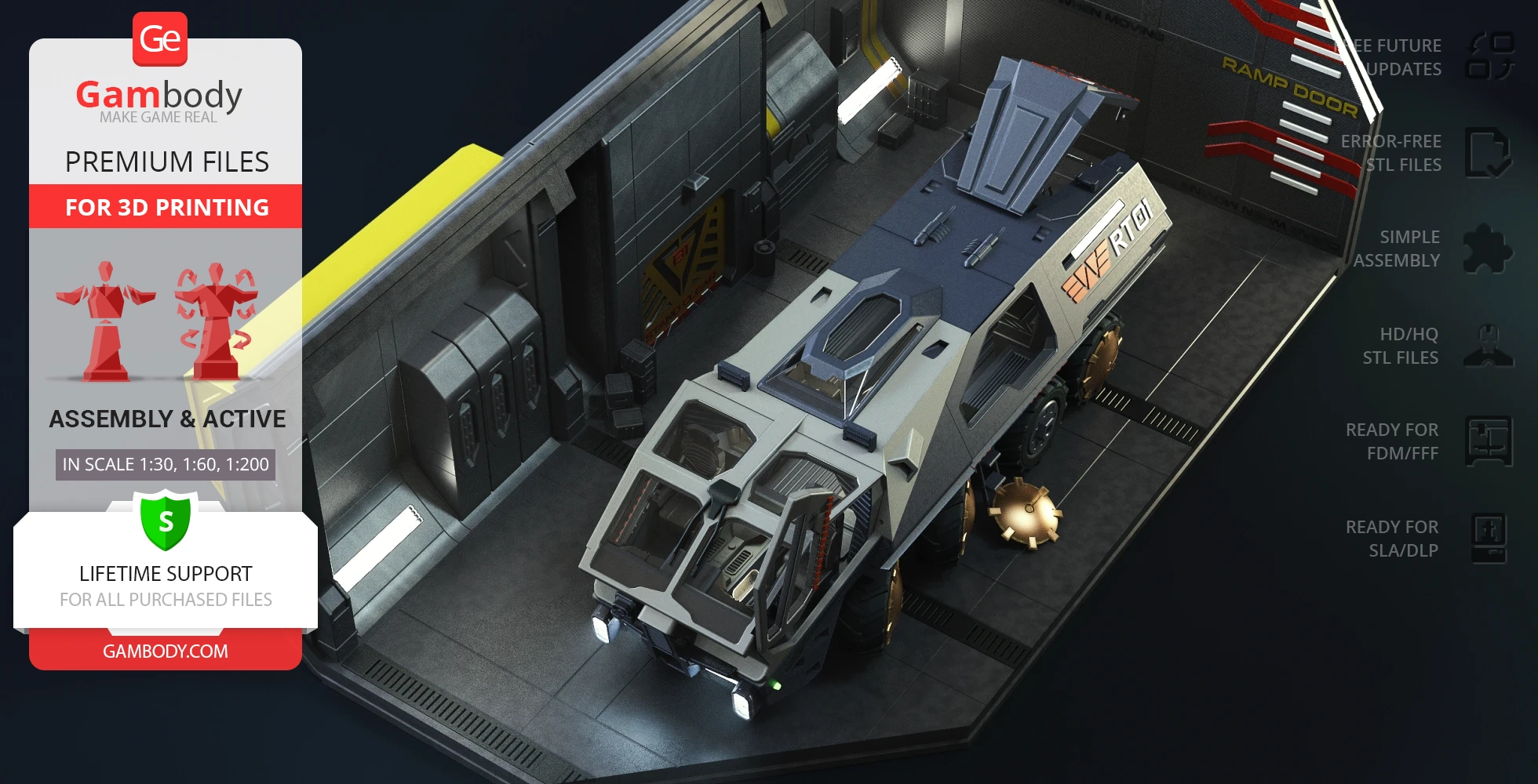 Futuristic armored vehicle in a garage, designed for 3D printing from Gambody's premium files.