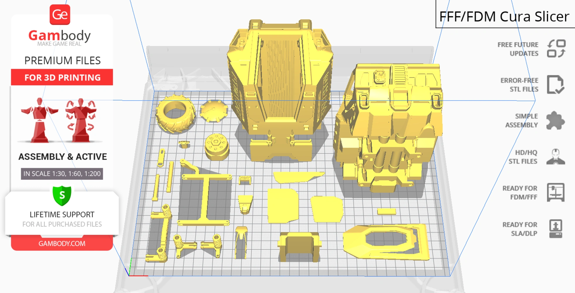A 3D model of a transport vehicle with disassembled components arranged for printing on a grid background.