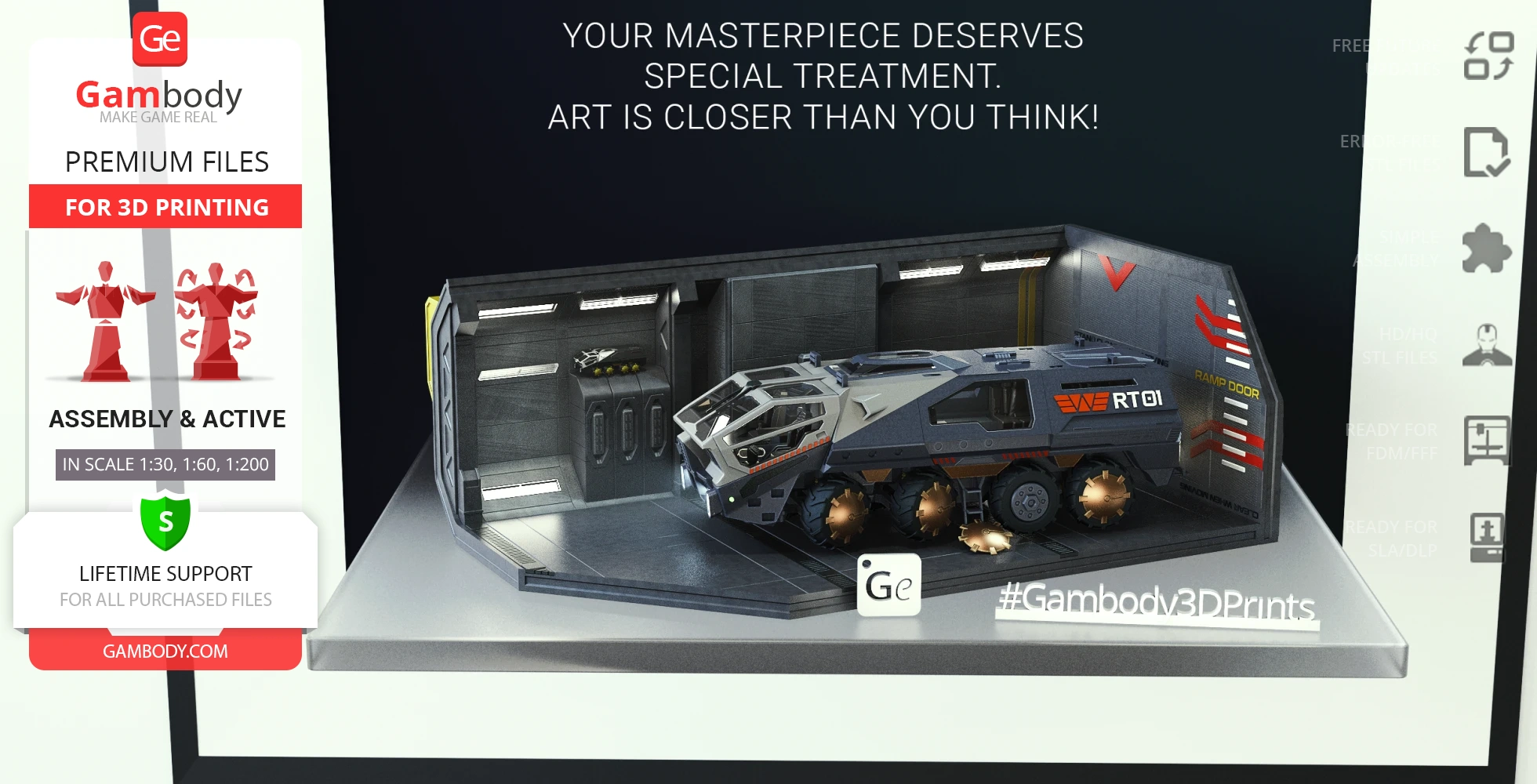 Futuristic armored vehicle model in a sci-fi hangar, ready for 3D printing.