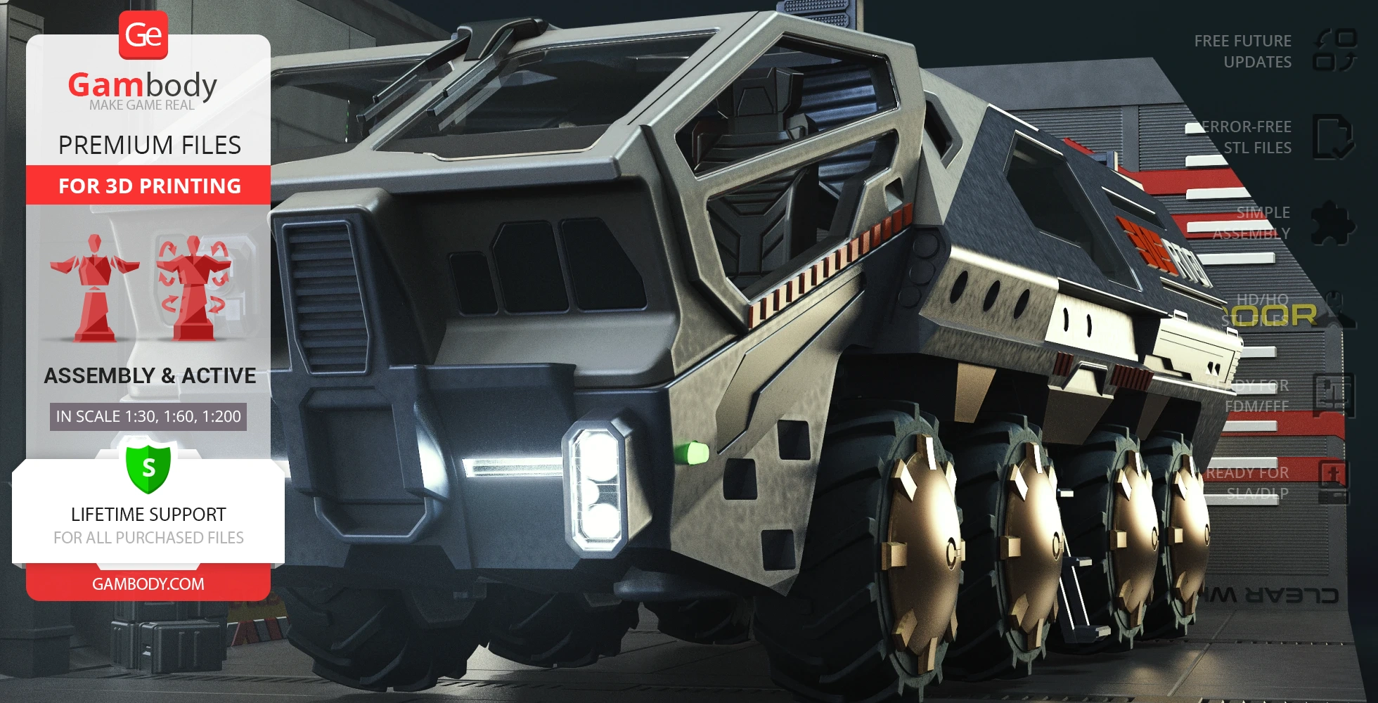 Futuristic armored transport vehicle model for 3D printing, displayed in a digital environment.