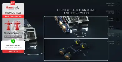 A 3D model of a transport vehicle with turning front wheels and separate wheel assembly parts.
