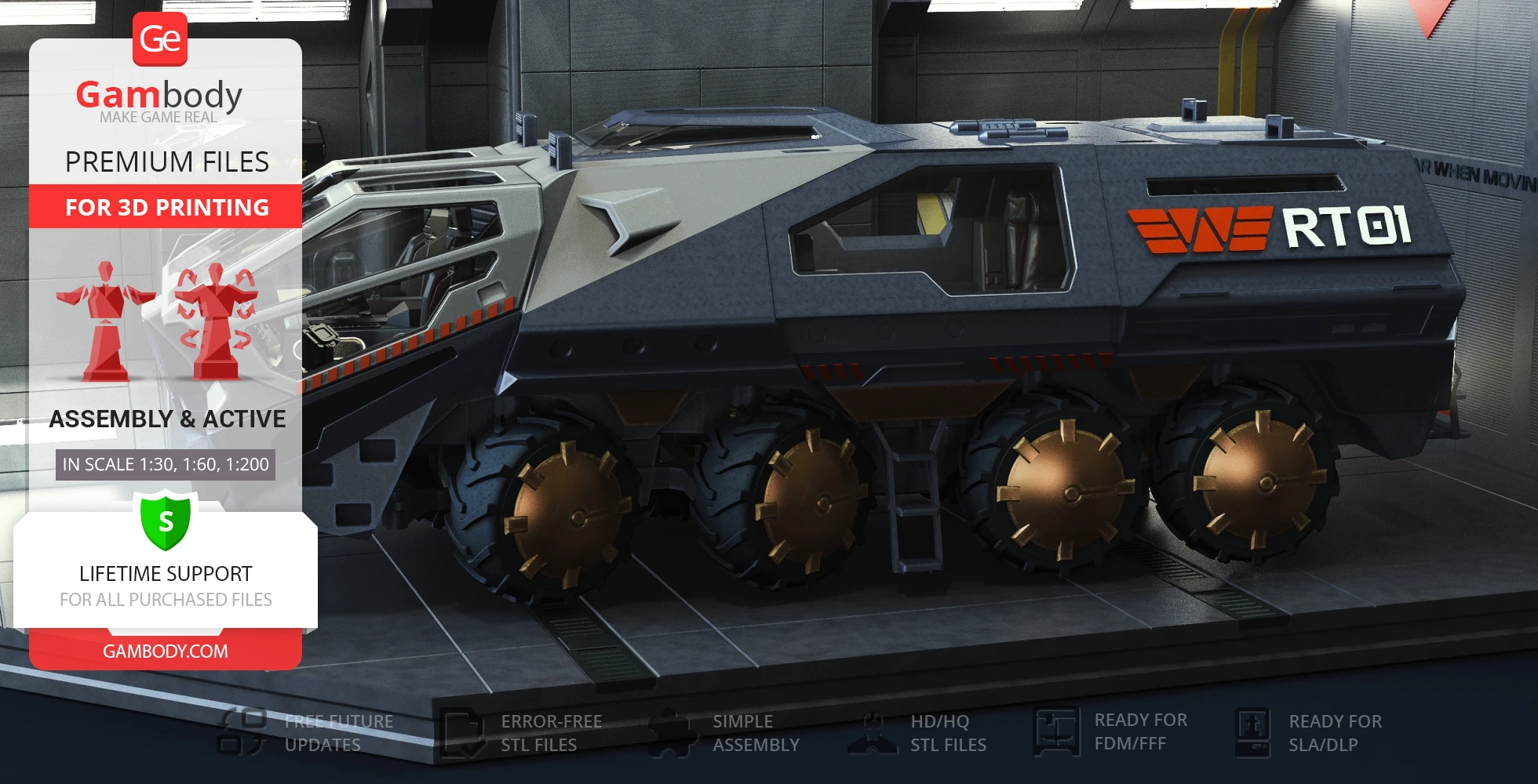 Futuristic armored transport vehicle model with large wheels, marked "RT01" for 3D printing.