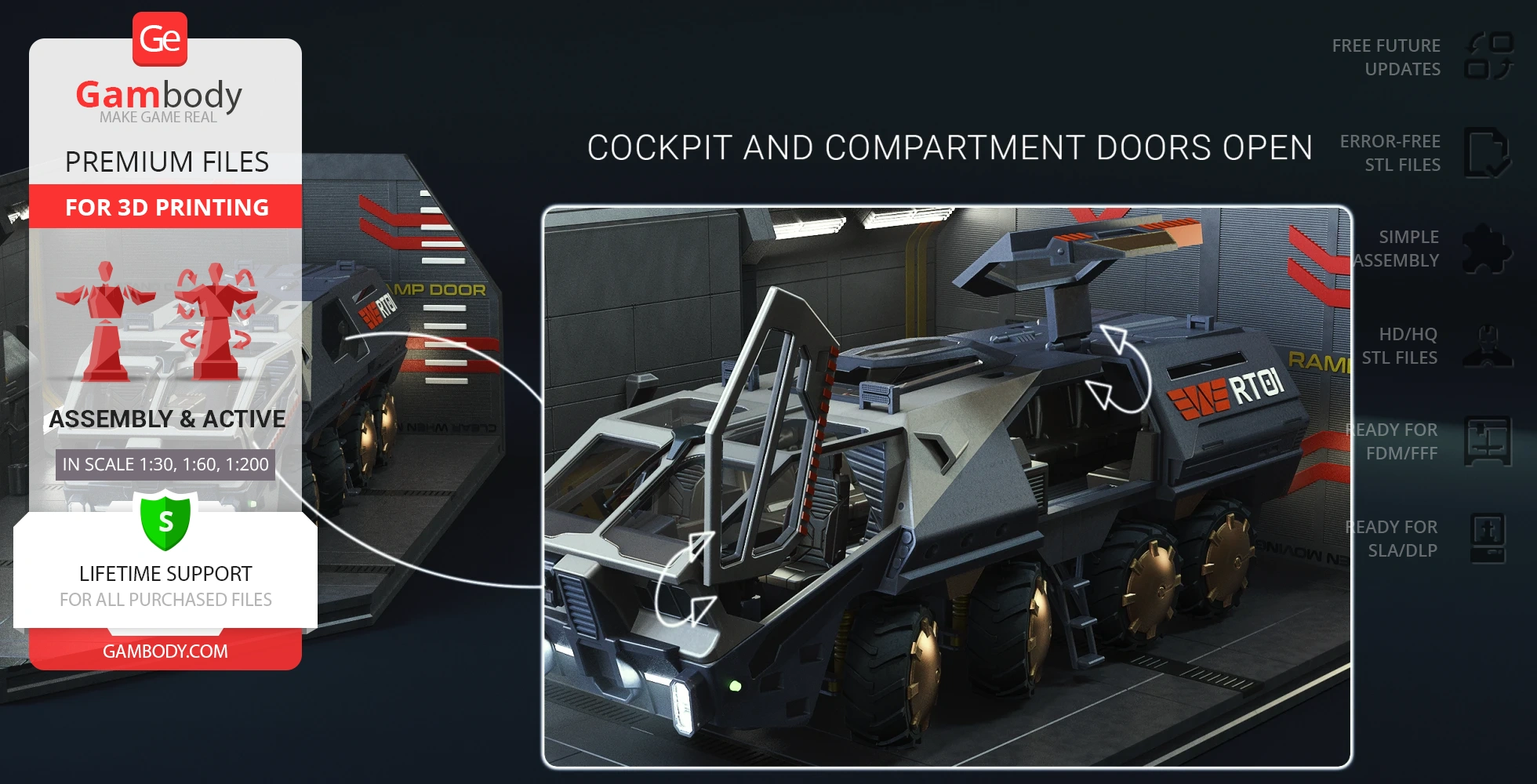 A futuristic armored transport vehicle with open cockpit and compartment doors, designed for 3D printing.