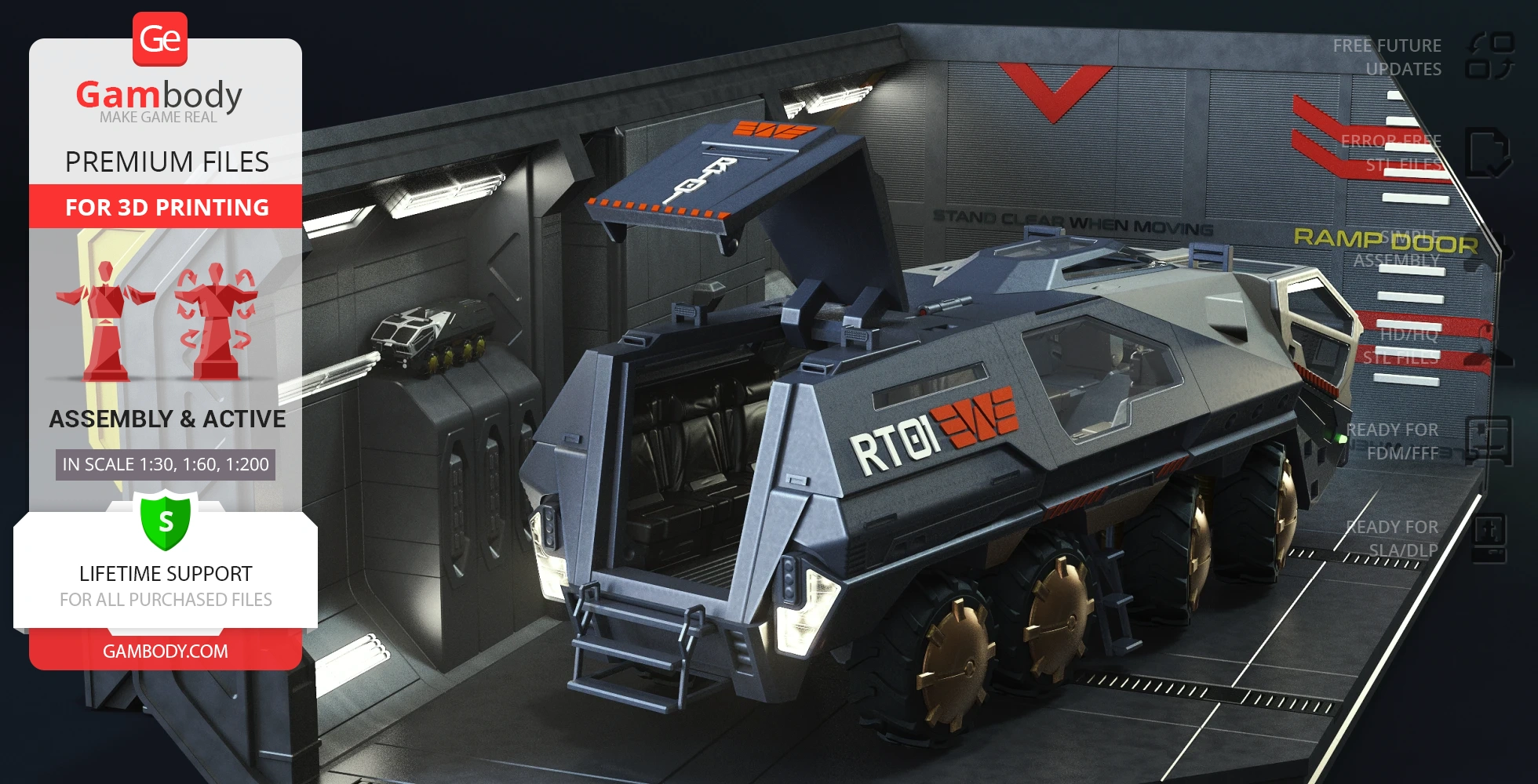 Futuristic six-wheeled armored transport vehicle in a sci-fi setting, with doors open for loading.