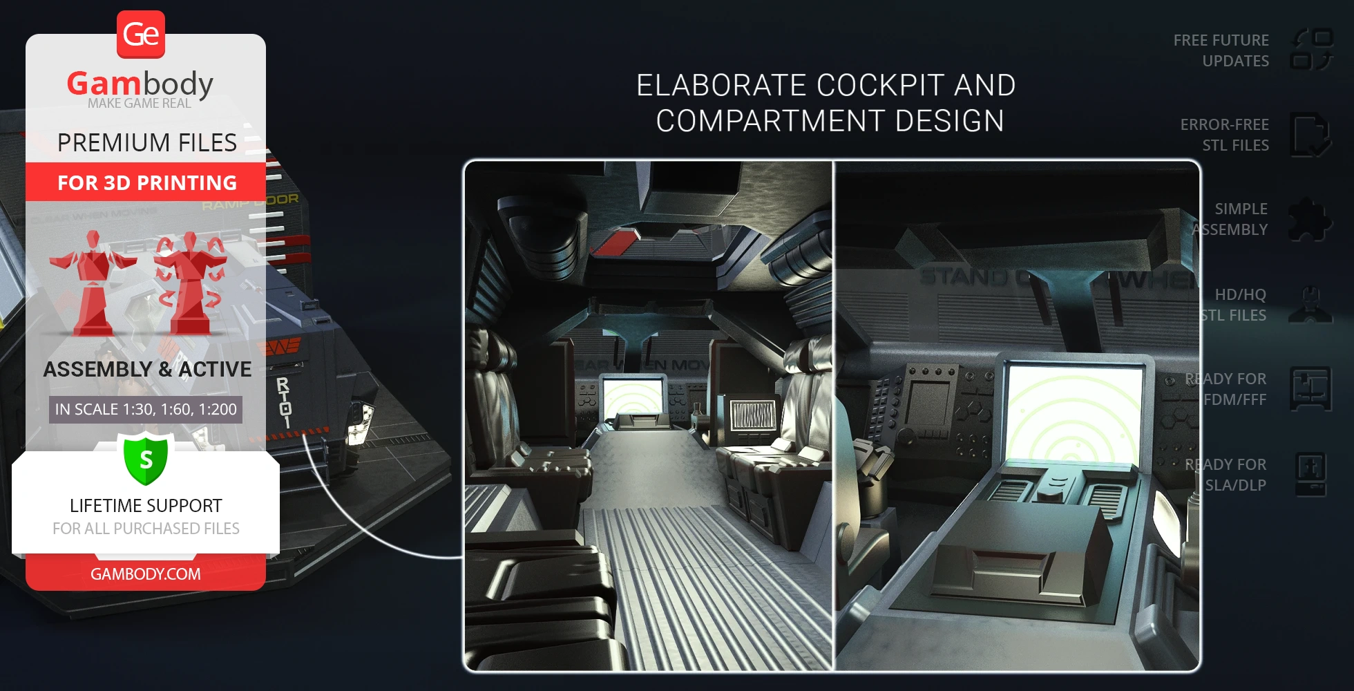Detailed transport cockpit interior 3D model with seating and control panels.