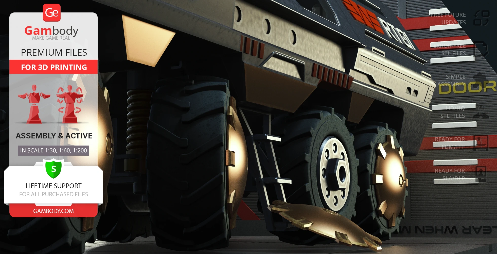 Close-up of detailed RT01 transport vehicle wheels designed for 3D printing, showcasing intricate mechanics.