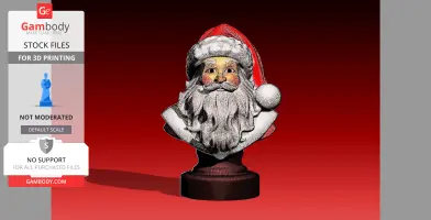 A detailed 3D bust of Santa Claus wearing a hat and a fluffy beard on a pedestal.