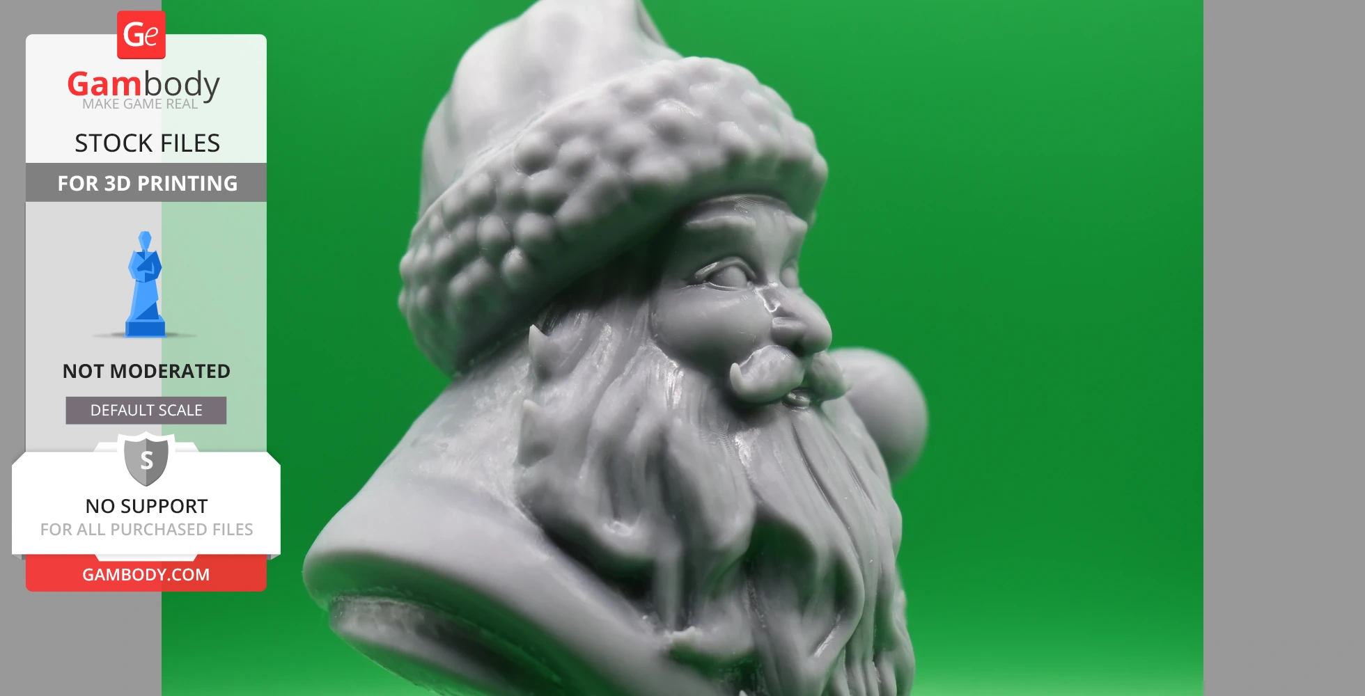 3D printed bust of Santa Claus with a detailed beard and hat on a green background.