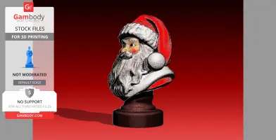 Santa Claus bust with hat and beard, designed for 3D printing, on a red gradient background.