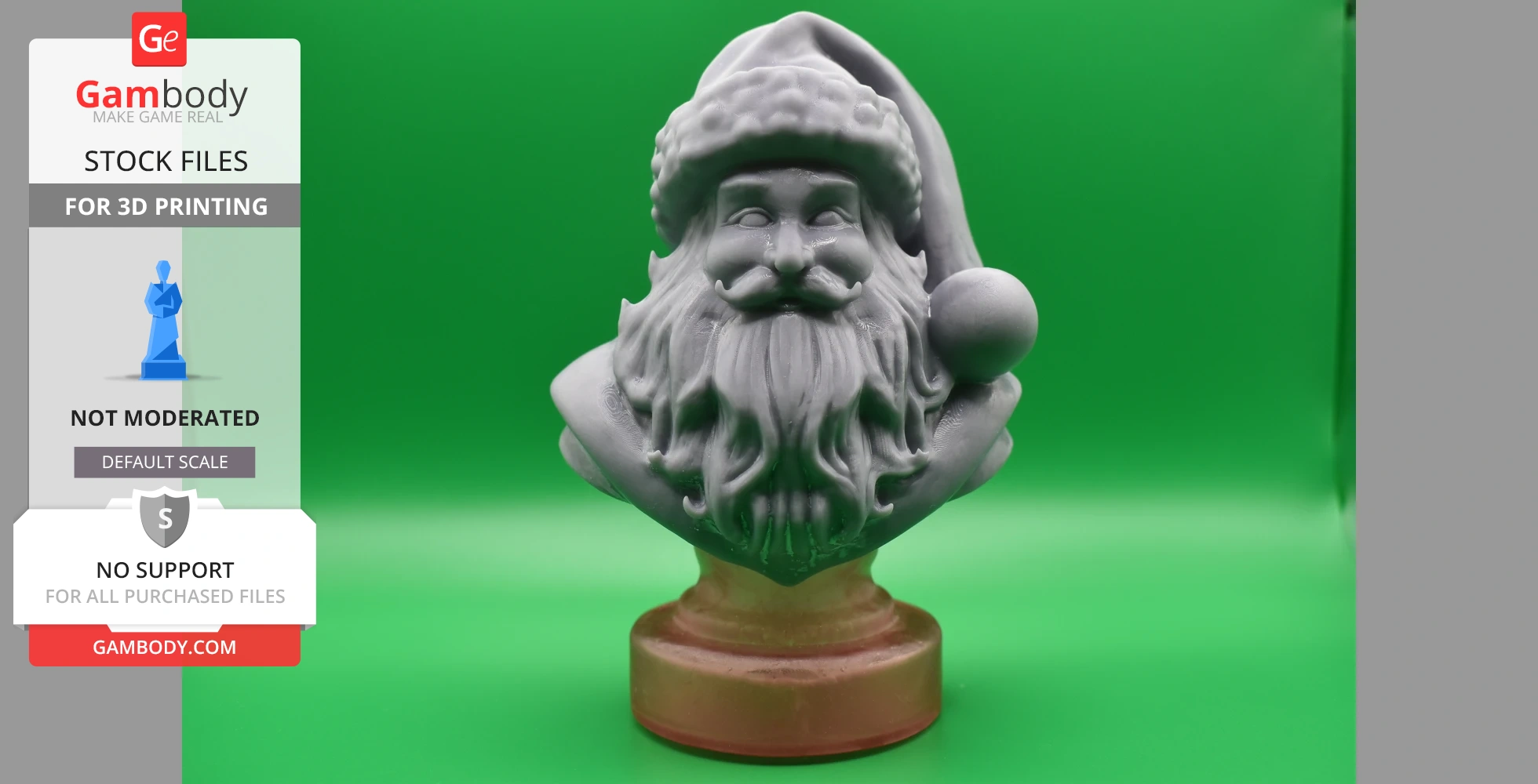 3D printed Santa Claus bust with a detailed beard and hat, set against a green backdrop.