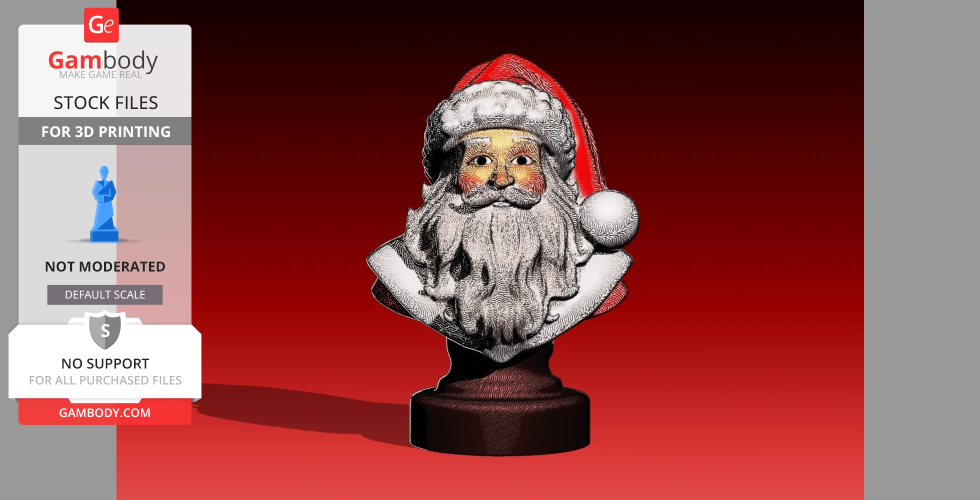 A detailed 3D bust of Santa Claus wearing a hat and a fluffy beard on a pedestal.