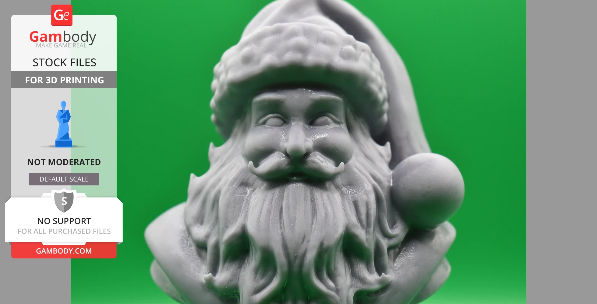 Gray 3D-printed bust of Santa Claus with a detailed beard and hat, set against a green background.