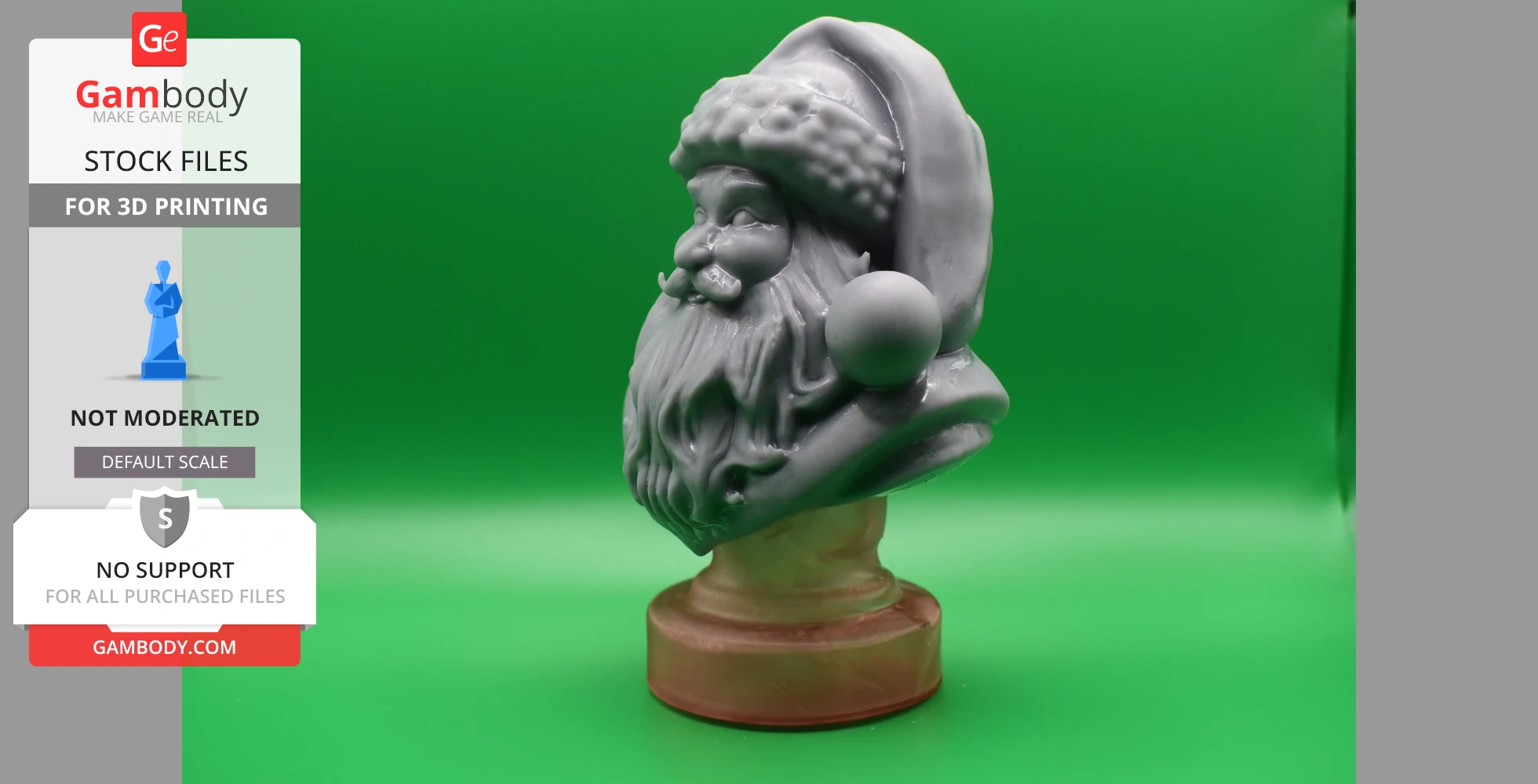 A 3D printed Santa Claus bust with a detailed beard and hat, set against a green background.