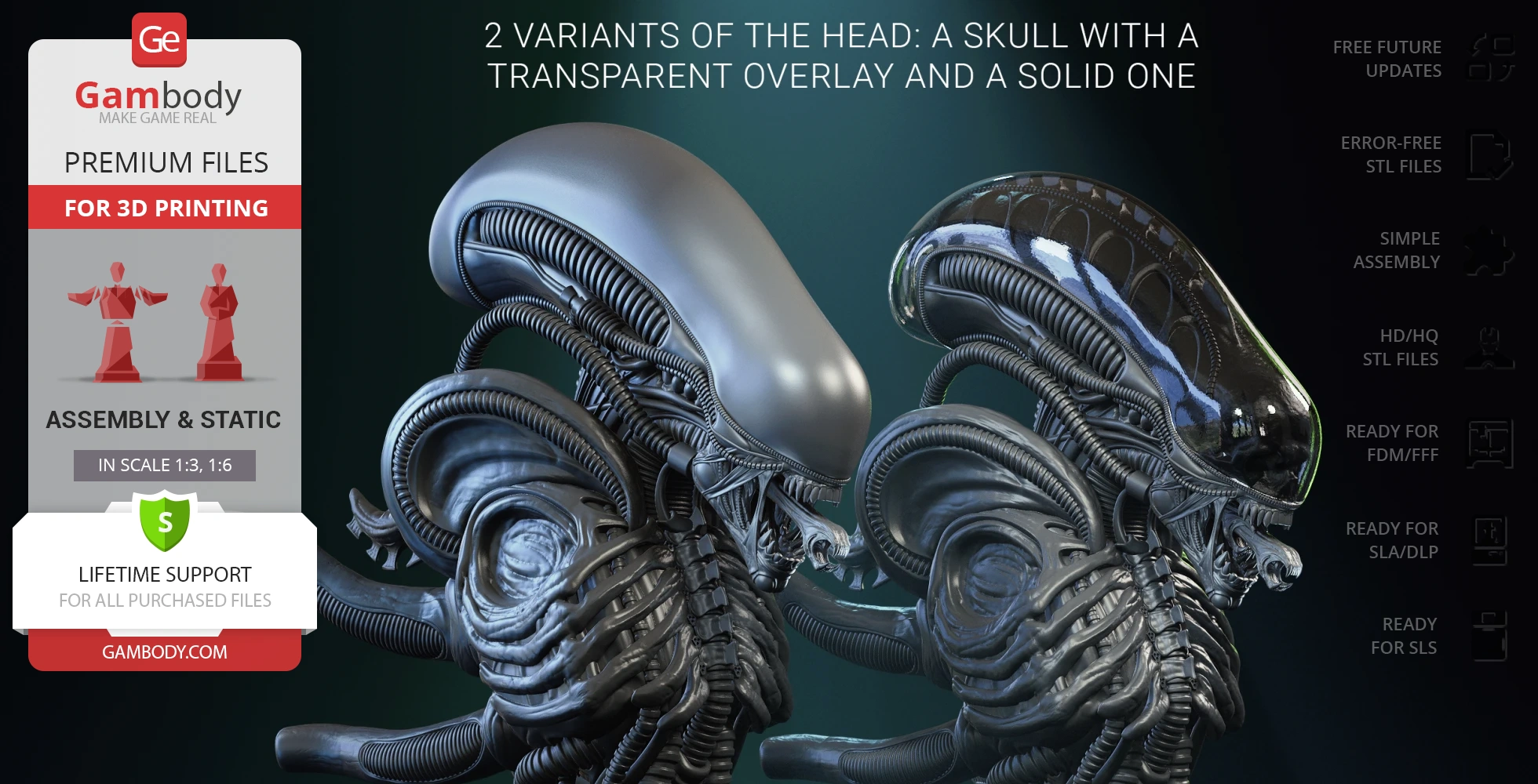 Alien creature bust with biomechanical details, featuring two head variants: solid and transparent.