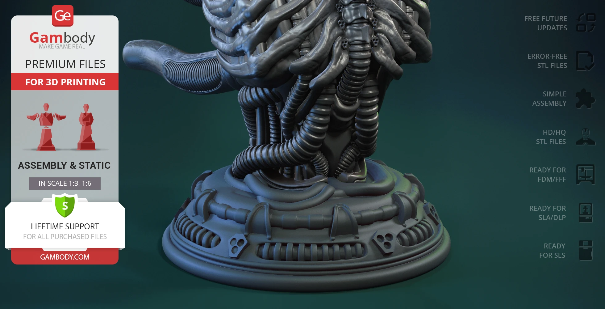 Xenomorph Mesoskeleton bust with intricate, twisting tubes and cables on a detailed base for 3D printing.