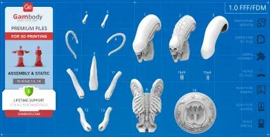 3D printable Xenomorph bust parts displayed on a blueprint-style background.