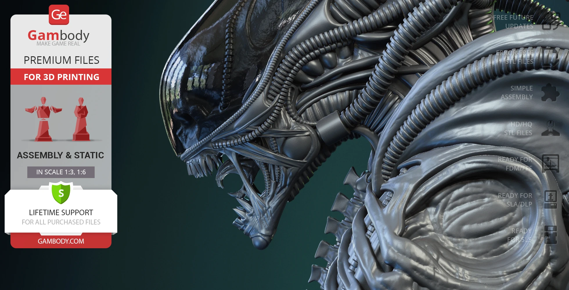 Detailed Xenomorph bust with biomechanical textures for 3D printing from Gambody.