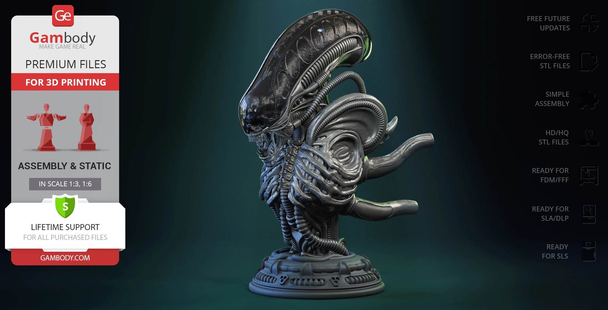 Alien creature bust with detailed exoskeleton and elongated head, ready for 3D printing.