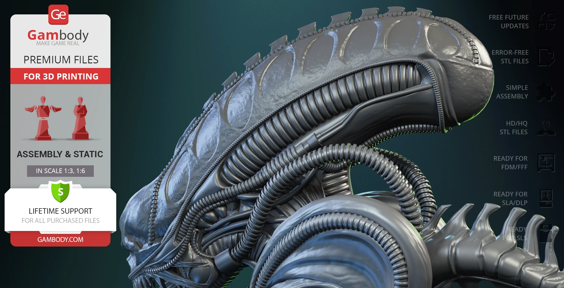 Xenomorph bust with detailed exoskeleton and tubing, set for 3D printing from Gambody.