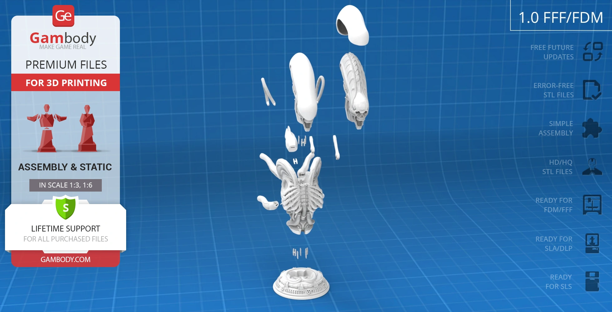 Exploded view of Xenomorph bust model parts for 3D printing, displayed on a blue grid background.