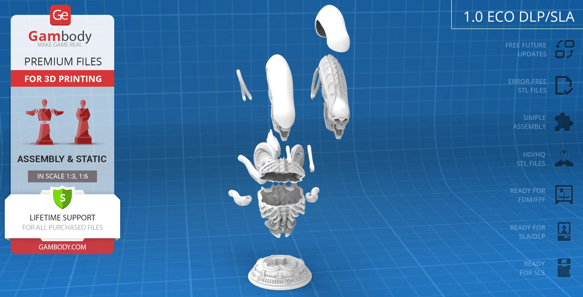 Xenomorph Mesoskeleton bust in assembly format, shown as individual 3D printed parts on a grid background.