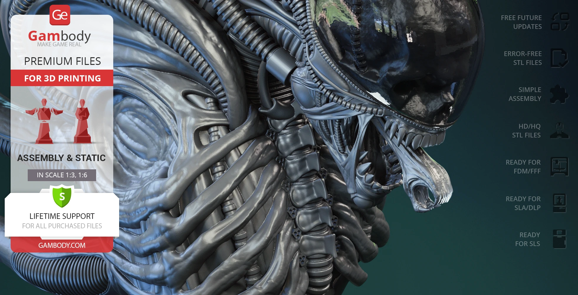 Detailed bust of a Xenomorph featuring intricate rib and helmet details for 3D printing.