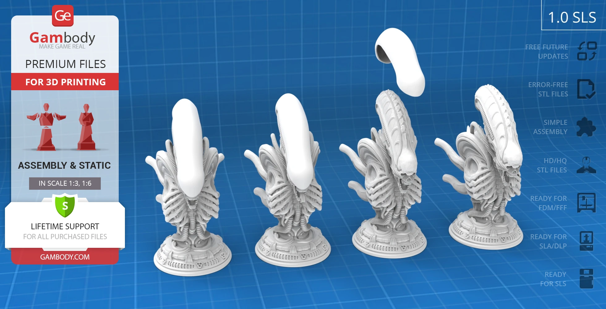 Futuristic alien bust model for 3D printing, featuring detailed biomechanical design.