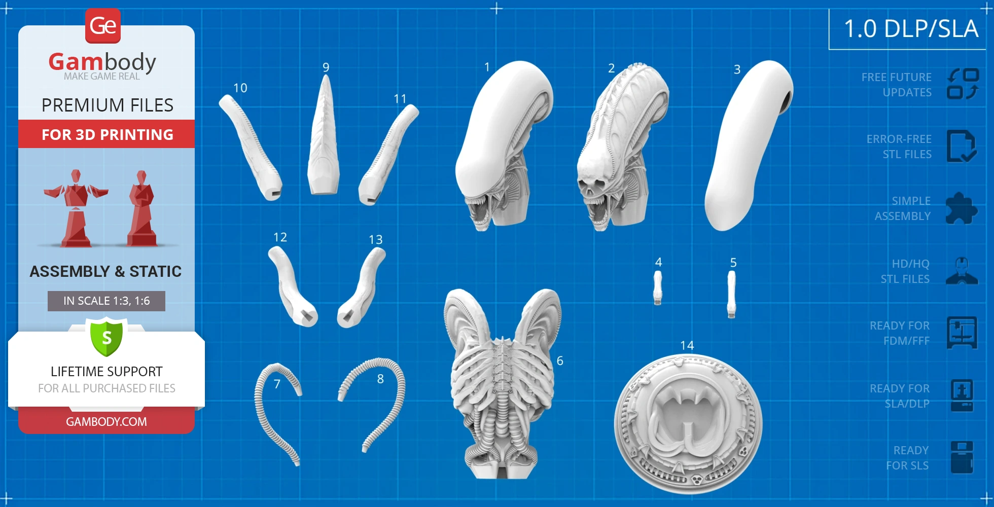 Xenomorph bust 3D model kit with detailed parts on a blueprint-style background for printing.