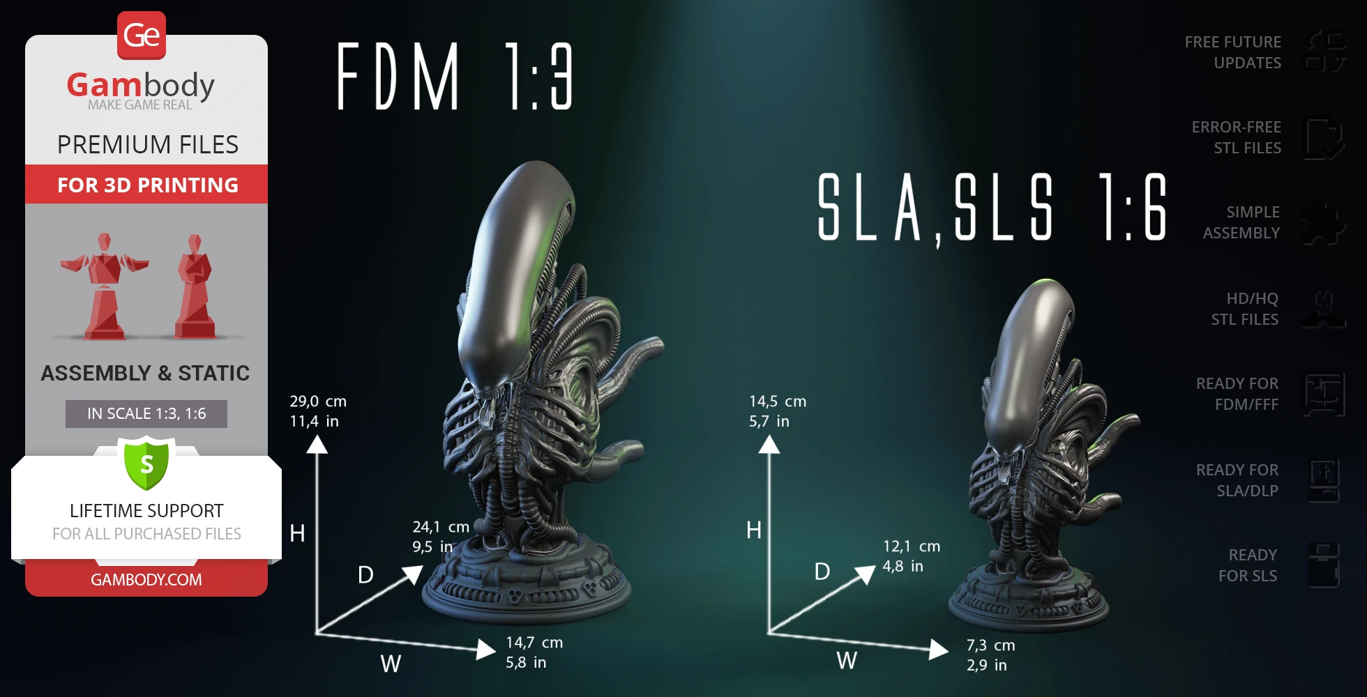 Xenomorph bust for 3D printing, detailed head and torso, with measurements and printing options displayed.