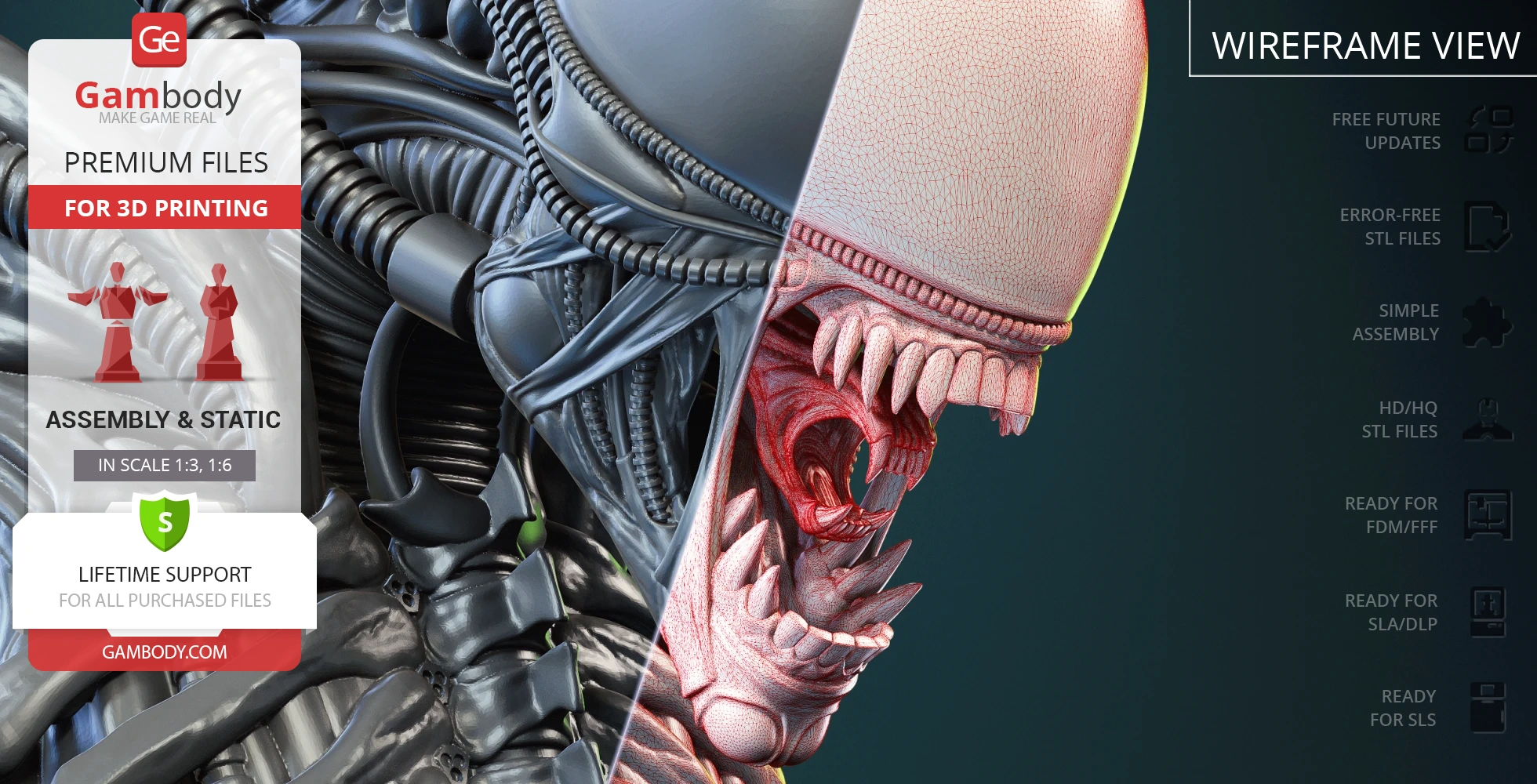 Detailed xenomorph bust for 3D printing, showing intricate exterior and wireframe structure.