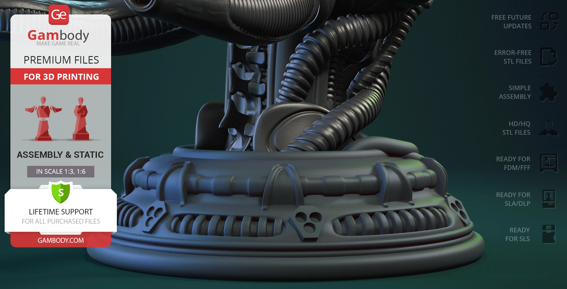 Detailed Xenomorph bust with biomechanical features and hoses on a decorative base. Suitable for 3D printing.