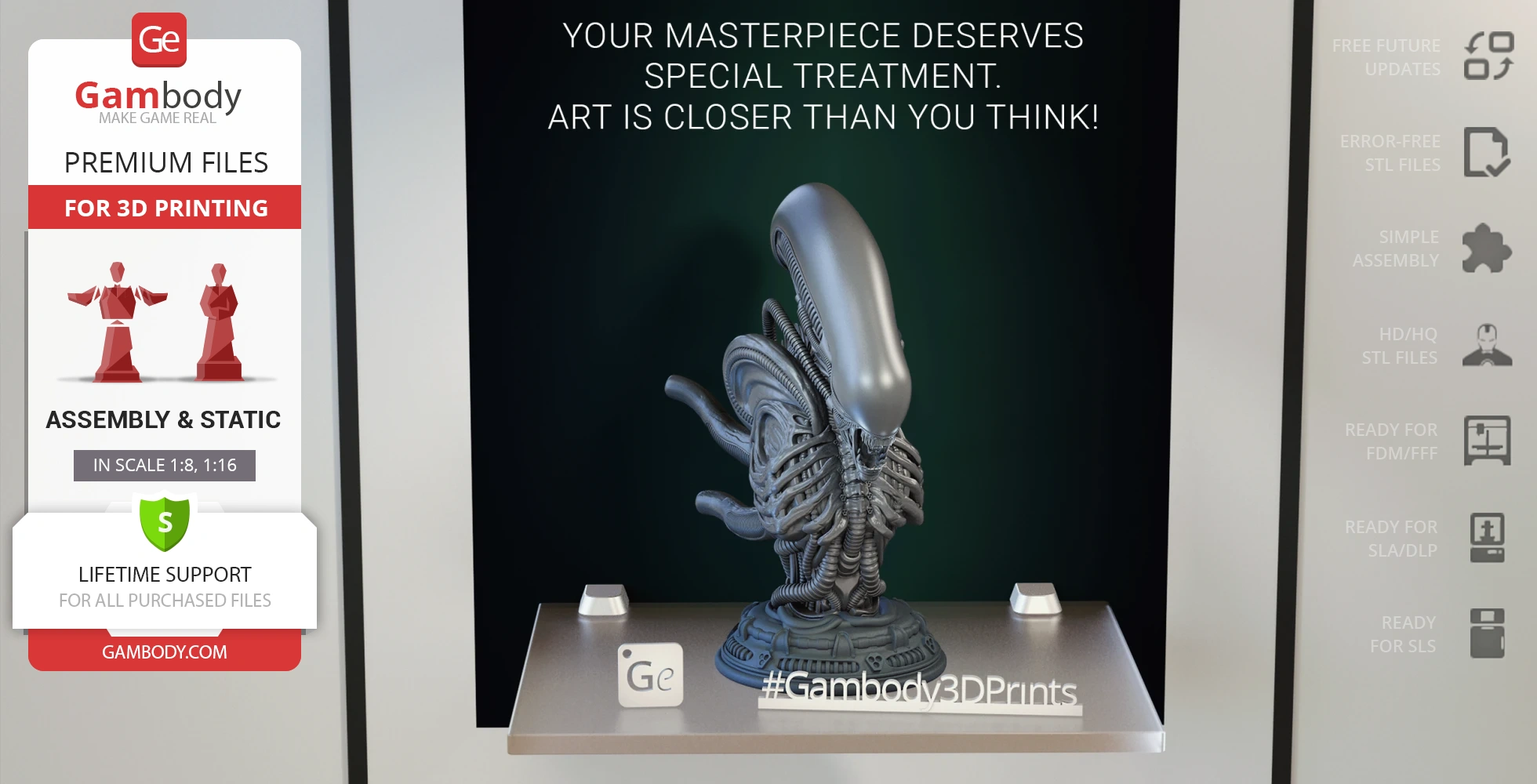 3D model of Xenomorph bust with intricate detailing, suitable for 3D printing, displayed on a pedestal.