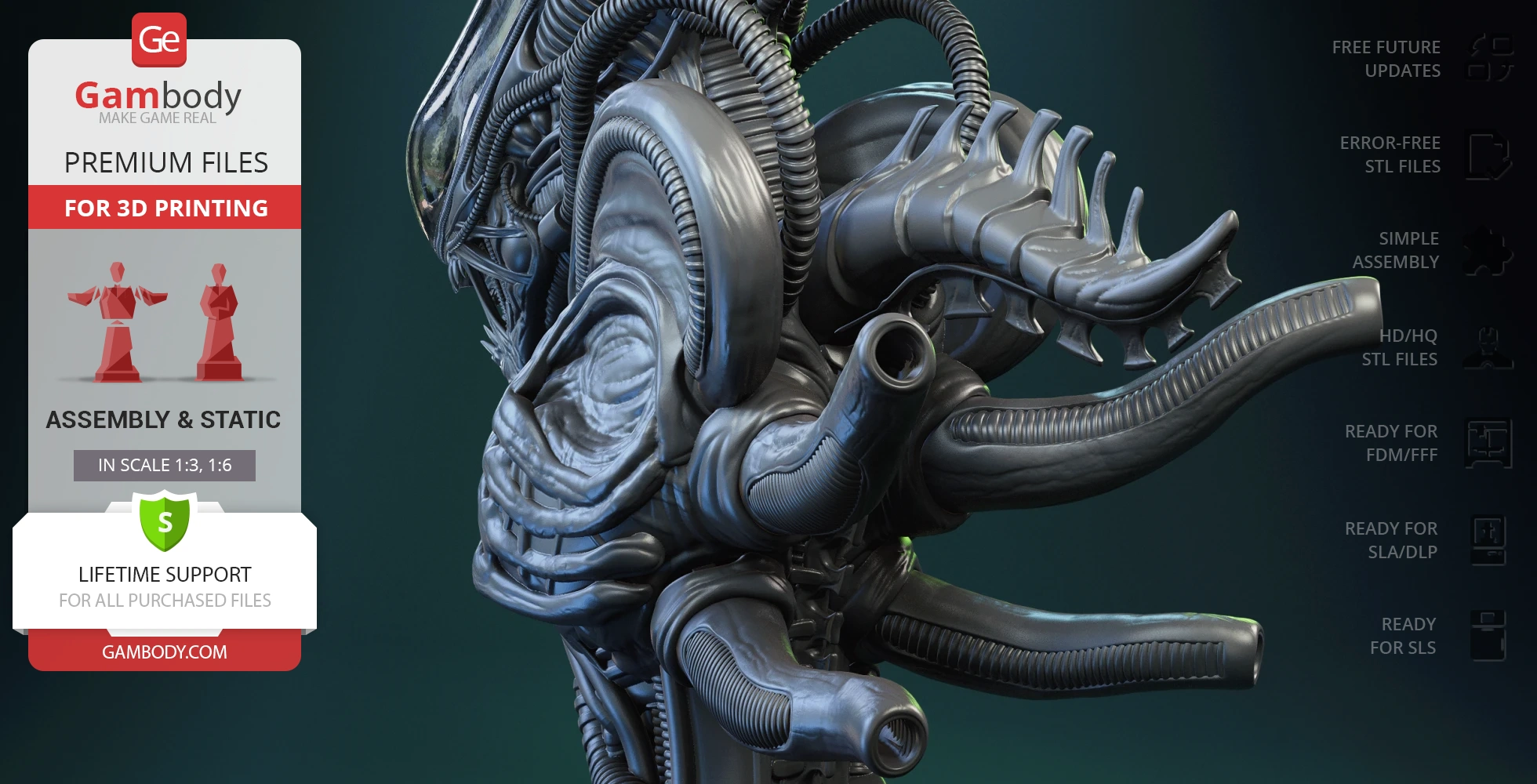 A detailed 3D model of a Xenomorph bust with intricate biomechanical features and textures.