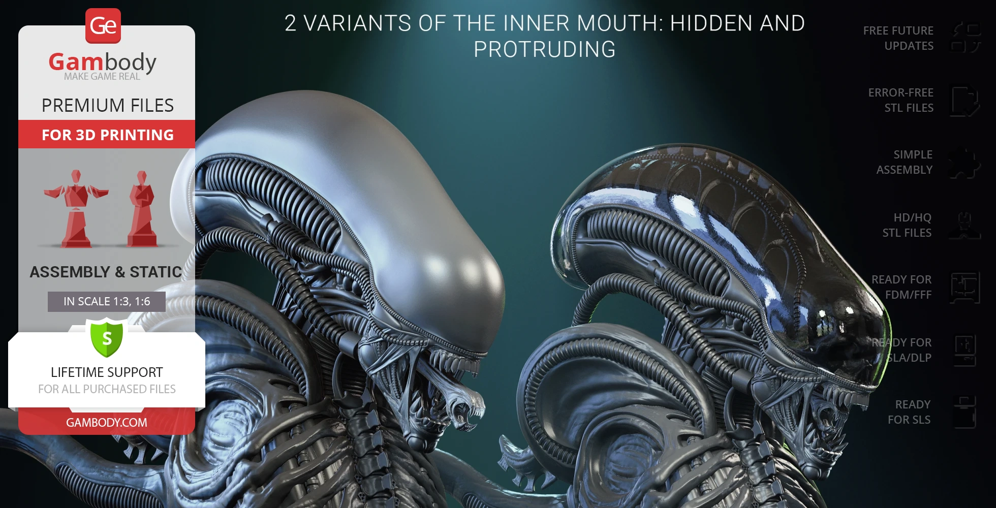 Two detailed xenomorph busts with smooth, elongated heads and visible mechanical elements.
