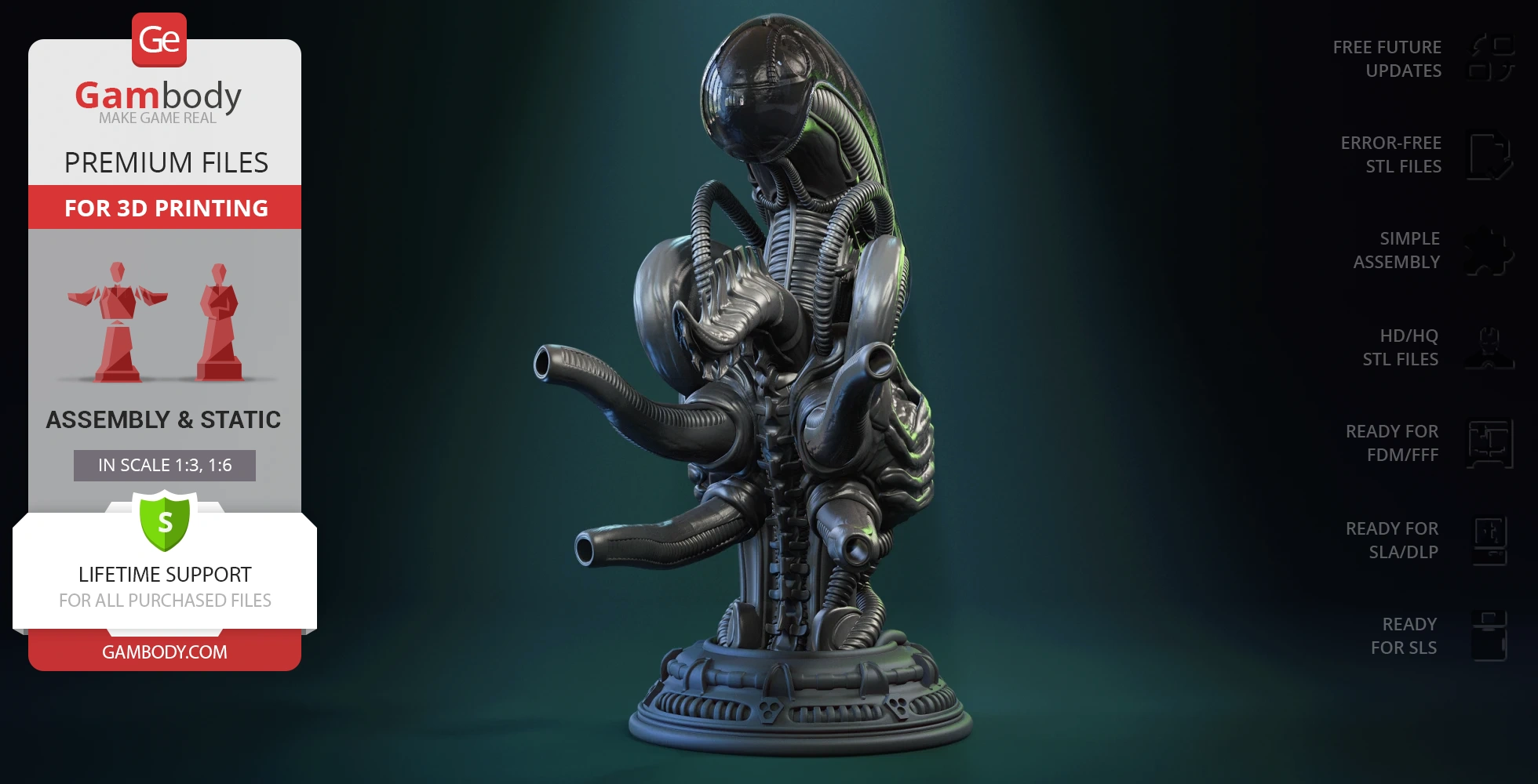 A detailed Xenomorph mesoskeleton bust with prominent tubes and ridges, suitable for 3D printing.