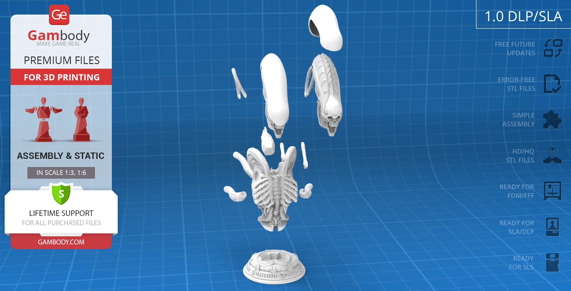 Exploded view of a Xenomorph mesoskeleton bust for 3D printing, showing separated parts.