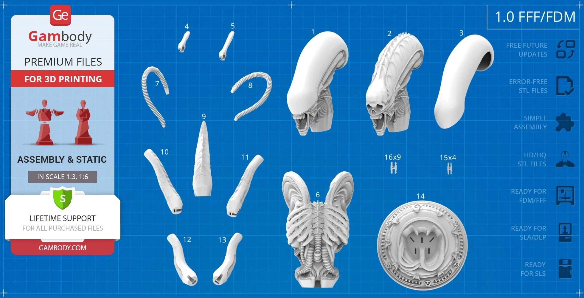 3D printable Xenomorph bust parts displayed on a blueprint-style background.