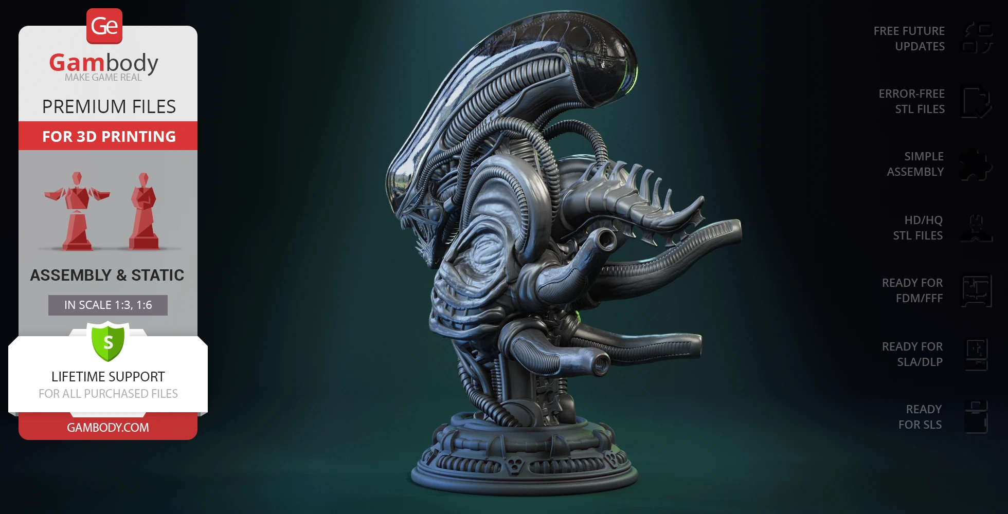 Xenomorph bust with detailed exoskeleton, featuring tubes and ridges, on a decorative base for 3D printing.